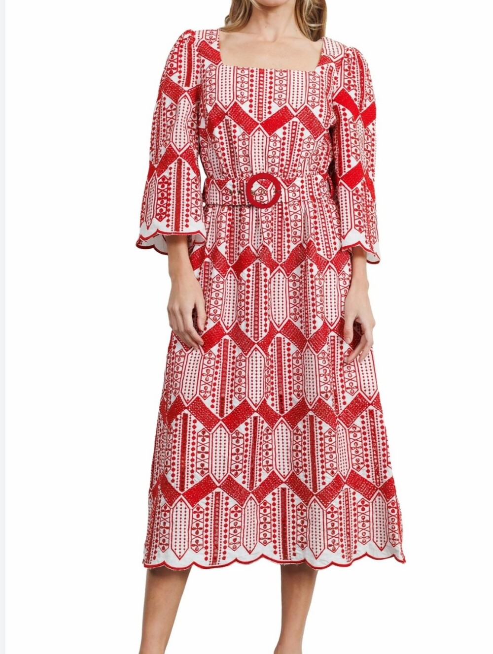 NWT CIEBON Ninita Bella Red White Eyelet Embriodered Scalloped Hem Dress Size M - Picture 15 of 15